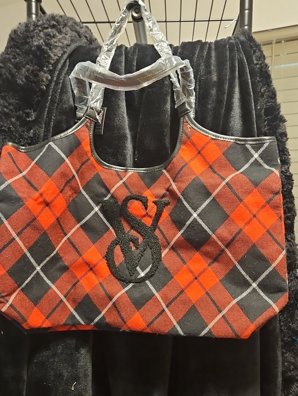 Victoria's Secret Red & Black Plaid Tote with Embroidered VS
